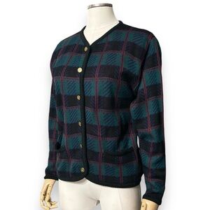 TALLY HO Contrast Trim Plaid Knit Cardigan Jacket VINTAGE